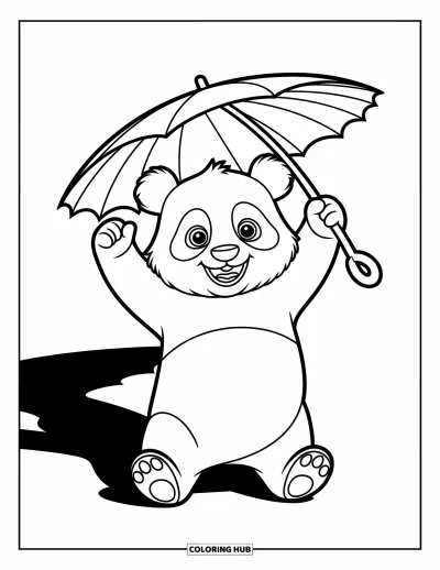 Panda-Ausmalbild für Kinder: Ein Panda steht unter einem riesigen Blatt, seine Augen voller Neugier und Freude