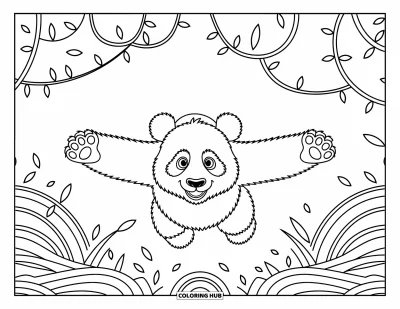 Panda-Ausmalbild für Kinder: Ein Panda streckt die Pfoten weit aus und bereitet sich auf einen verspielten Sprung vor, umgeben von wirbelnden Ranken