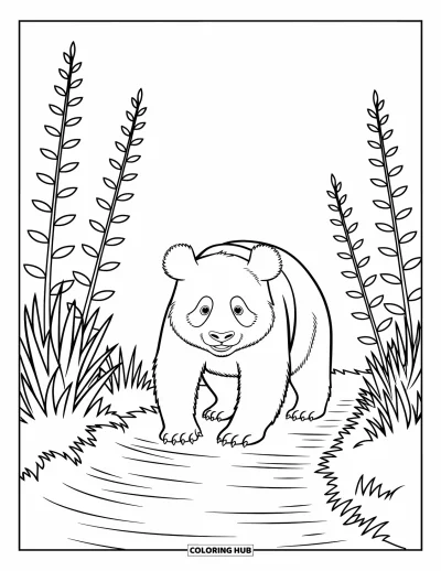 Panda-Ausmalbild für Kinder: Ein Panda spaziert durch eine verträumte Landschaft, eingerahmt von wiegenden Pflanzen und Bewegung