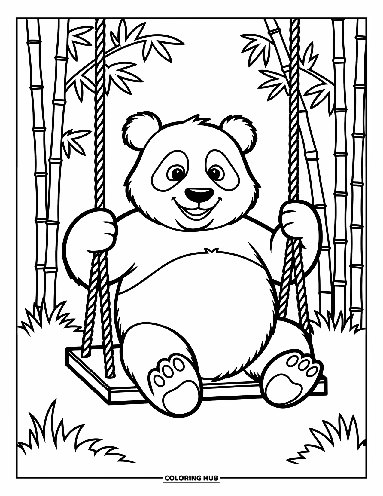 Panda Kleurplaat voor Kinderen: Een panda zwaait in een houten schommel, genesteld in een vredig bamboebos