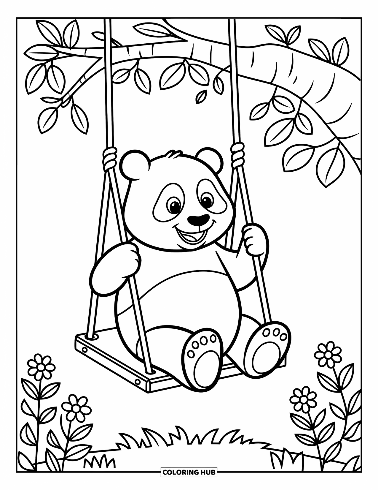 Panda Kleurplaat voor Kinderen: Een panda zwaait aan een boomtak, omringd door grillige bladeren en bloemen