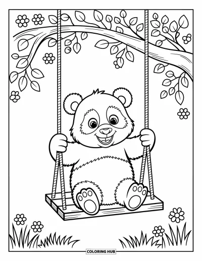 Panda-Ausmalbild für Kinder: Ein Panda schaukelt unter einem blättrigen Baum, umgeben von Blumen in einer fröhlichen Szene