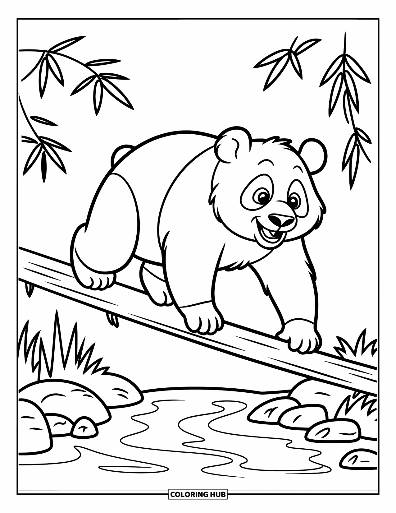 Panda Kleurplaat voor Kinderen: Een panda balanceert op een boomstam boven een beek, zijn vastberaden uitdrukking vangt de uitdaging