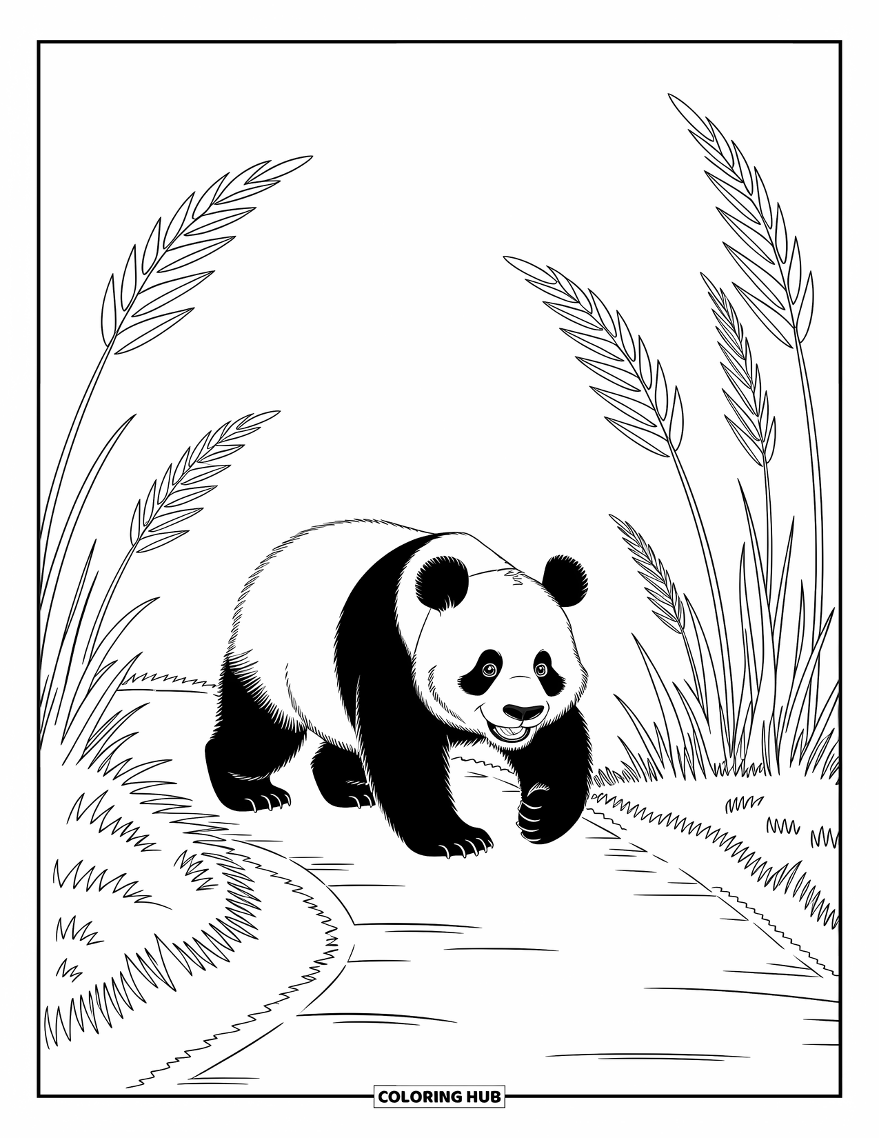 Panda Kleurplaat voor Kinderen: Een panda loopt sierlijk door hoge, ingewikkelde planten, zijn vloeiende beweging brengt de scène tot leven