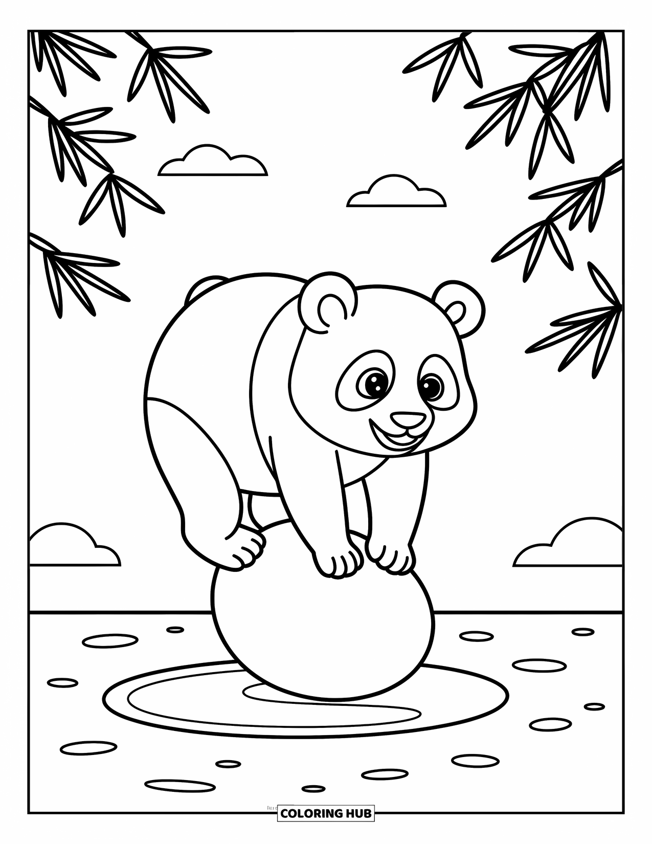Panda Kleurplaat voor Kinderen: Een panda wankelt op een steen, zijn poten passen zich aan om in evenwicht te blijven in een speels moment