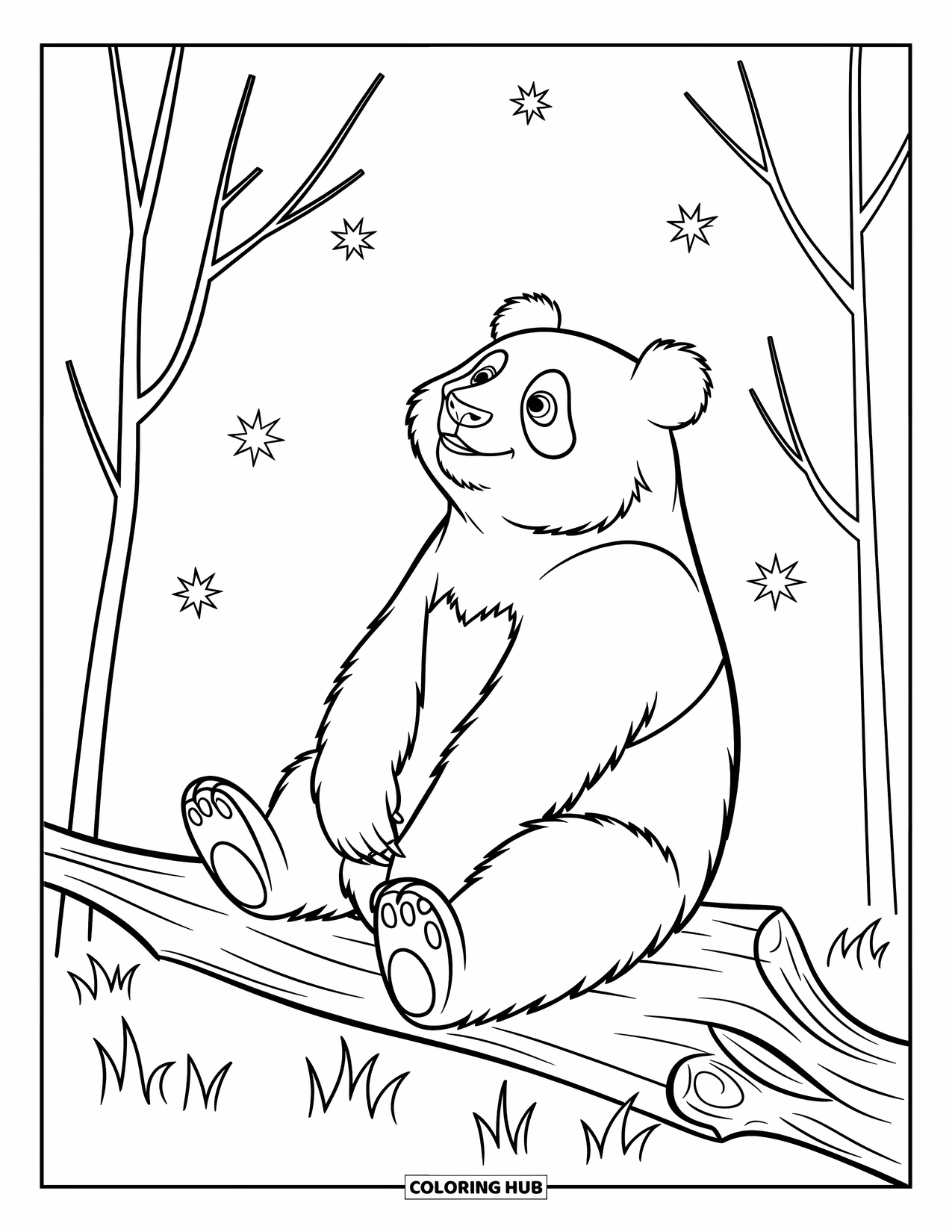 Panda Kleurplaat voor Kinderen: Een vredige panda rust op een boomstam en kijkt naar de sterren in een rustig bos