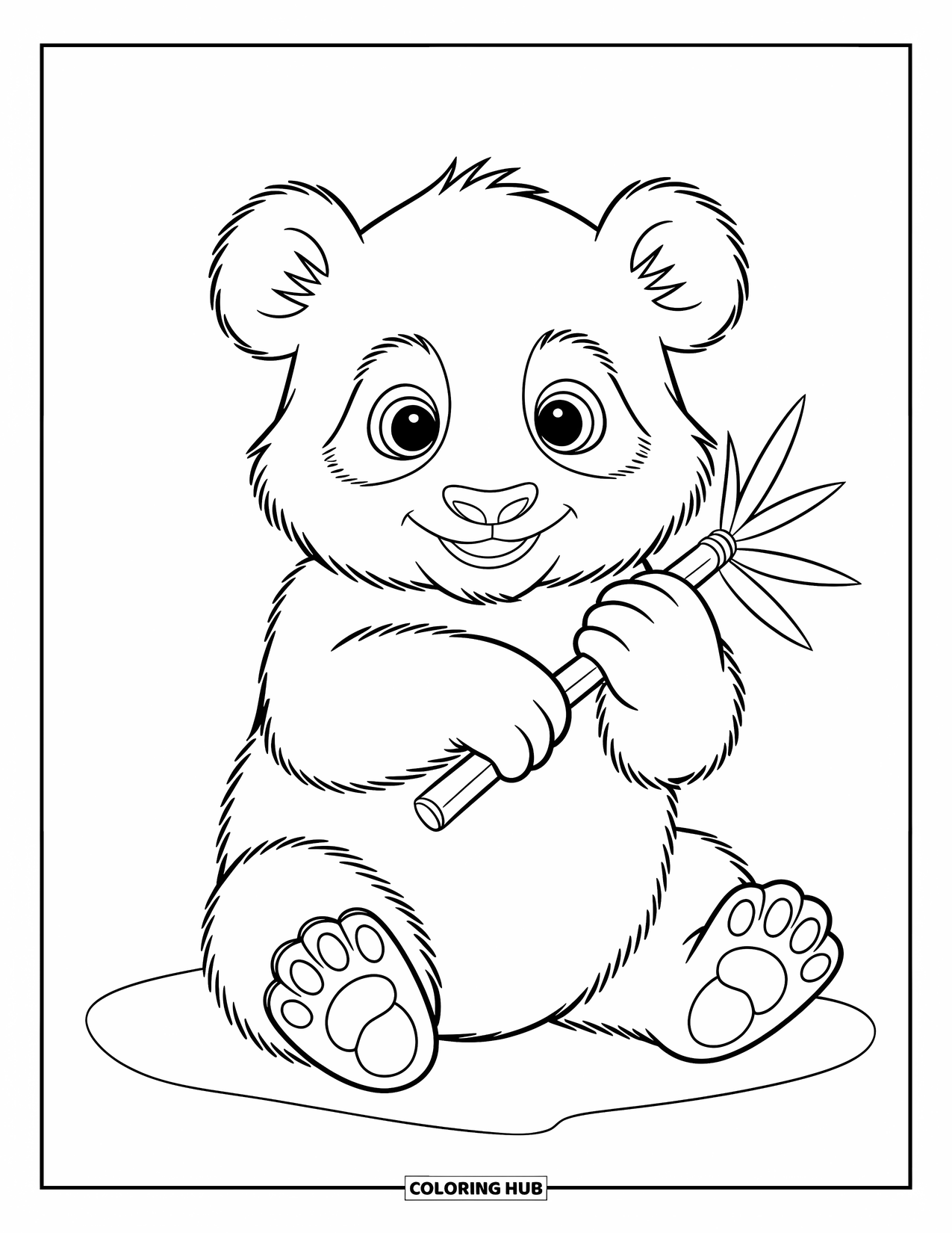 Panda Kleurplaat voor Kinderen: Een speelse babypanda houdt een bamboestengel vast, zijn grote ogen vol nieuwsgierigheid