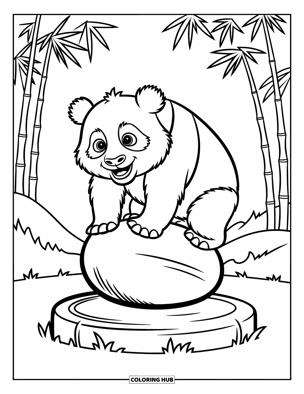 Panda Kleurplaat voor Kinderen: Een speelse panda balanceert voorzichtig op een ronde steen en probeert stabiel te blijven