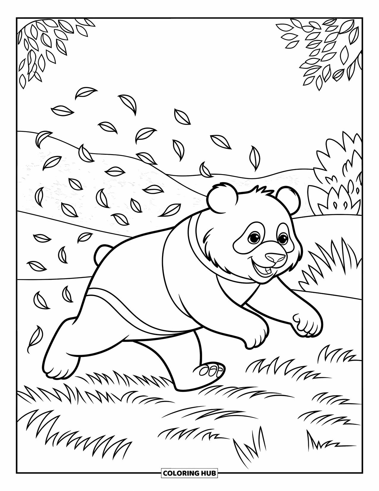Panda Kleurplaat voor Kinderen: Een speelse panda rent door het landschap, bladeren wervelen in zijn kielzog in een levendige beweging