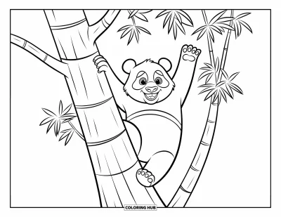 Panda-Ausmalbild für Kinder: Ein verspielter Panda hält sich an einem Ast fest und streckt sich nach einem Büschel Bambusblätter