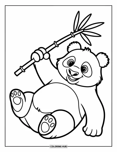 Panda-Ausmalbild für Kinder: Ein verspielter Panda liegt auf dem Rücken und hält mit einer Pfote einen Bambusspross