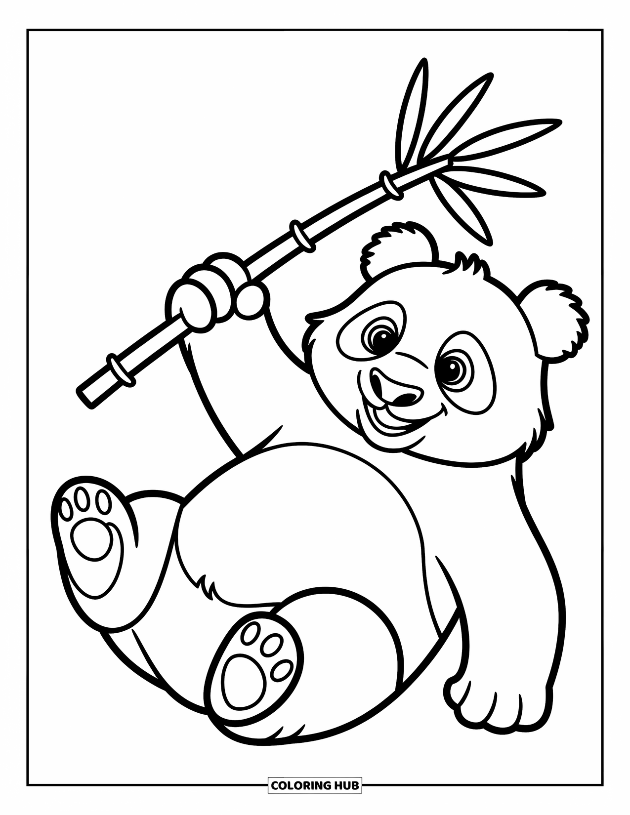 Panda Kleurplaat voor Kinderen: Een speelse panda ligt op zijn rug en houdt een bamboescheut vast met één poot