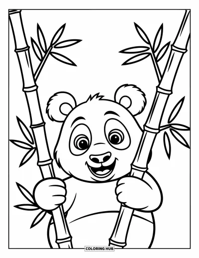 Panda-Ausmalbild für Kinder: Ein verspielter Panda schaut hinter einem hohen Bambusstängel hervor, seine Augen voller Staunen