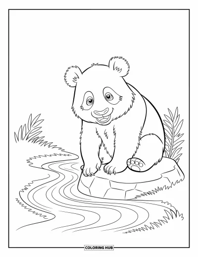 Panda-Ausmalbild für Kinder: Ein verspielter Panda sitzt am Bach und berührt das Wasser sanft mit seiner Pfote