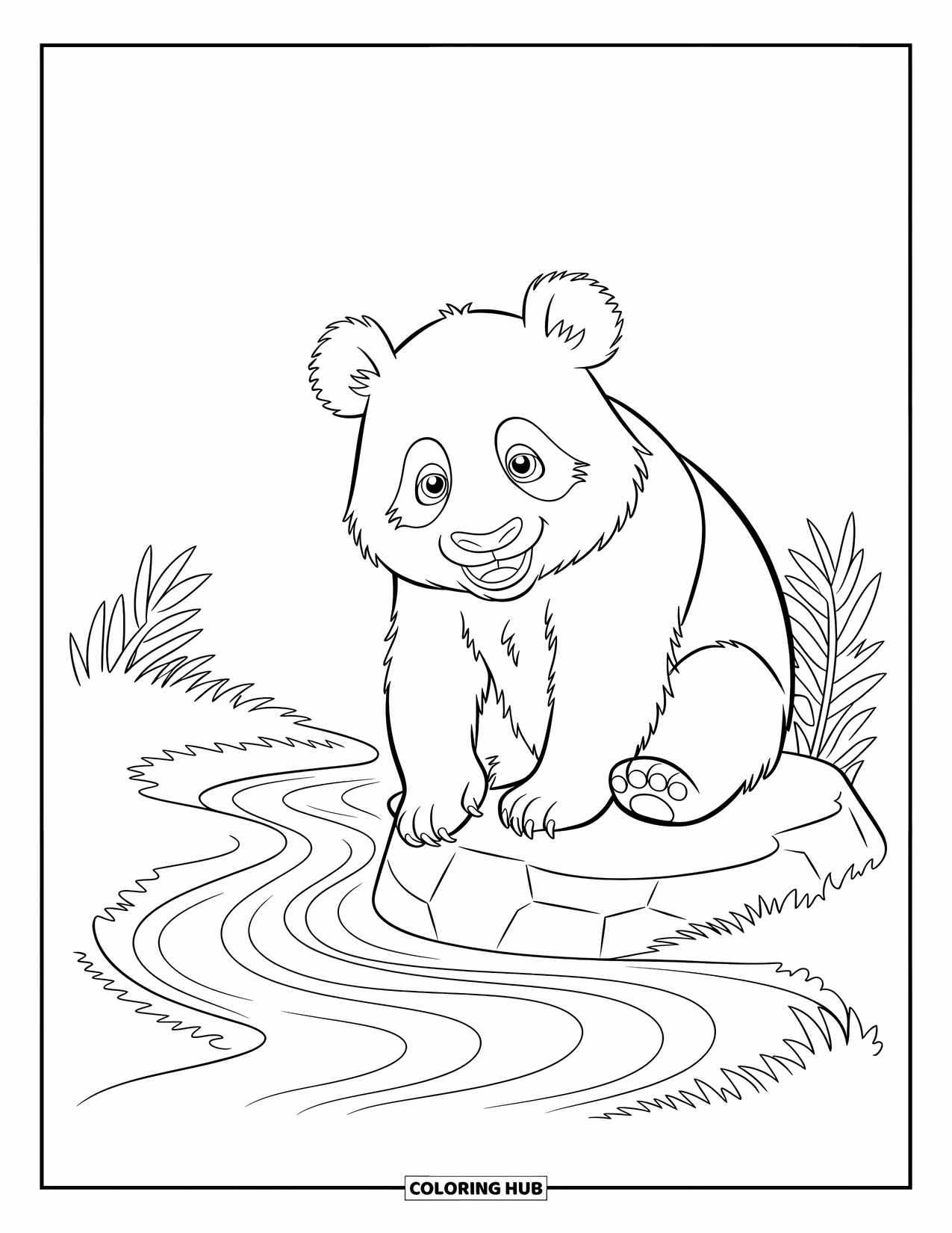 Panda Kleurplaat voor Kinderen: Een speelse panda zit bij een beekje en raakt zachtjes het water aan met zijn poot