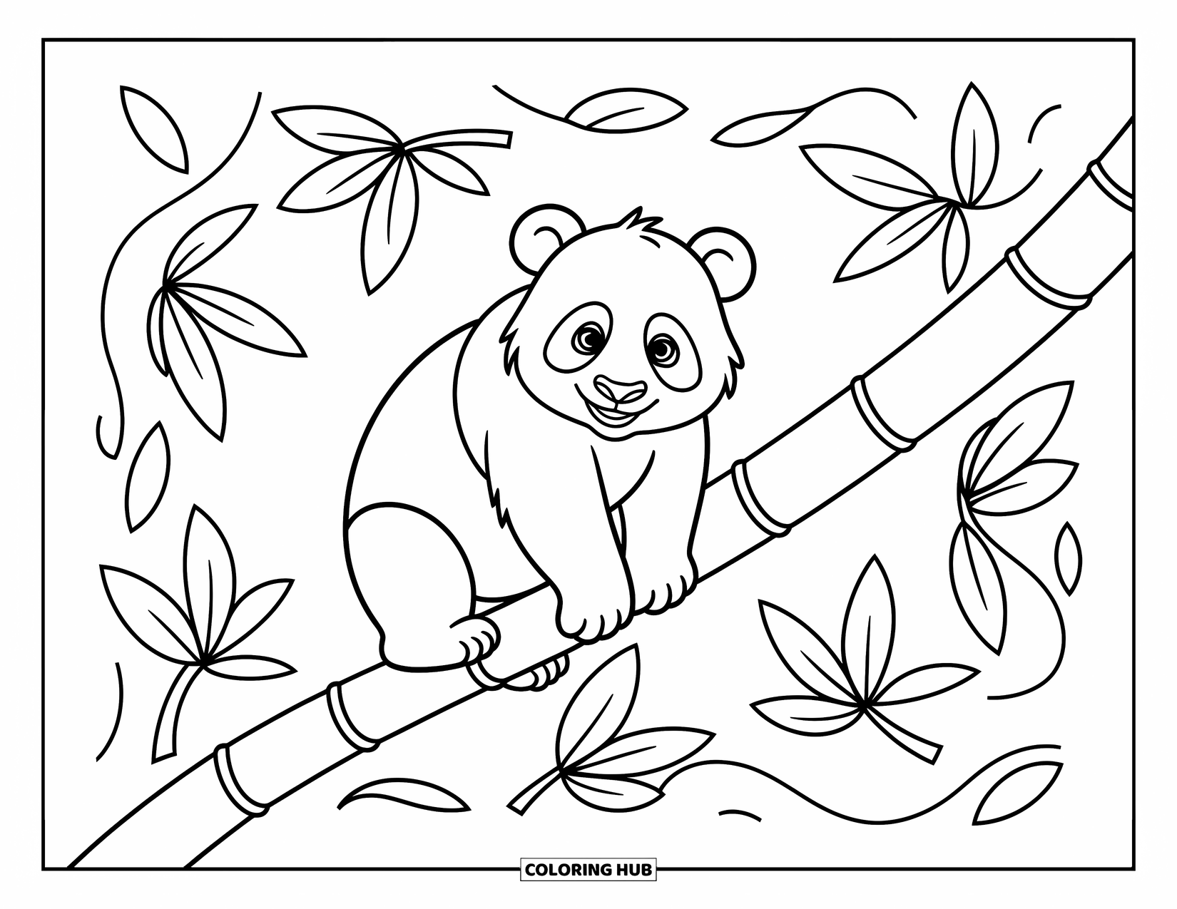 Panda Kleurplaat voor Kinderen: Een speelse panda staat op een reusachtige bamboescheut, zijn poten rusten zachtjes op de stengel