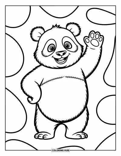 Panda-Ausmalbild für Kinder: Ein verspielter Panda winkt begeistert und steht auf den Hinterbeinen mit einem breiten Lächeln