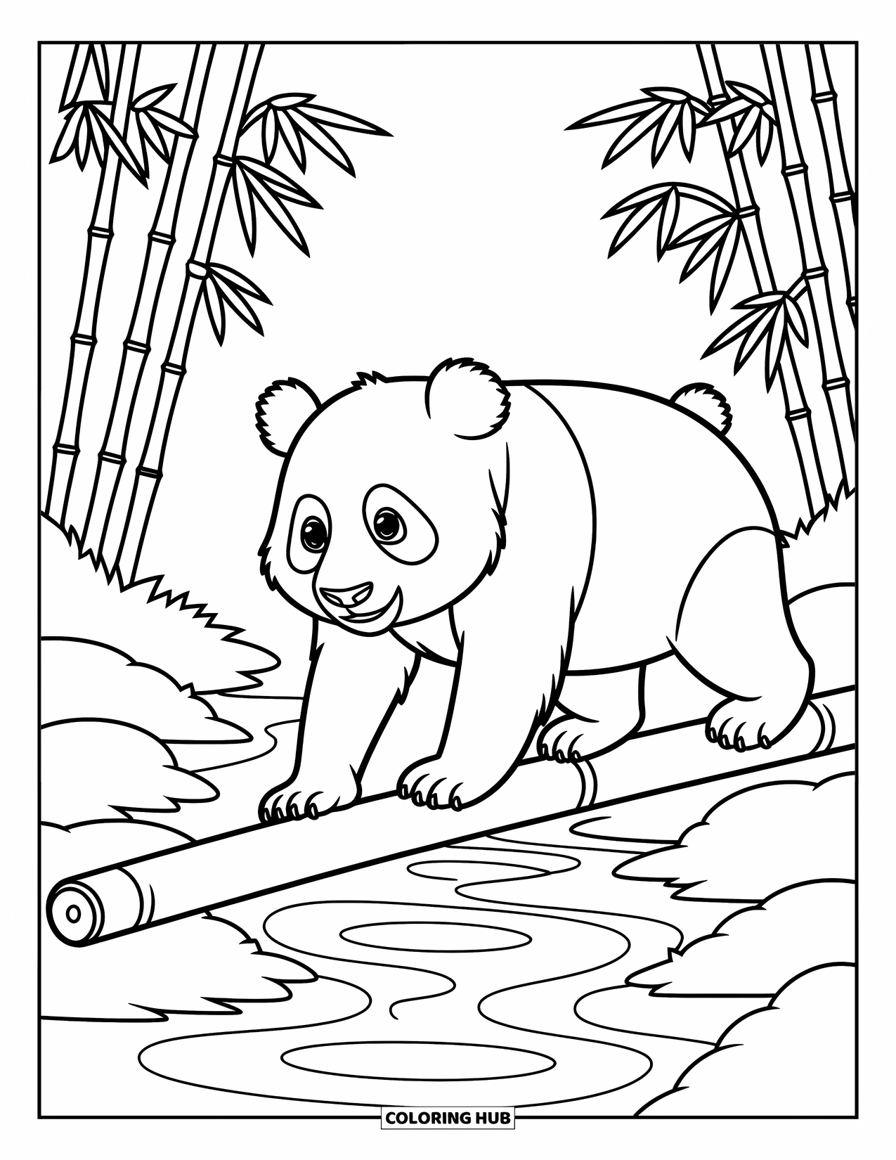 Panda Kleurplaat voor Kinderen: Een speelse panda wankelt op een dunne boomstam en probeert zijn weg te vinden over een stromende beek