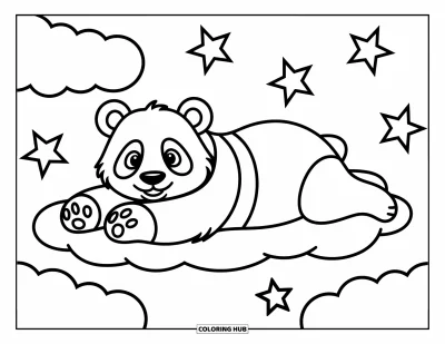 Panda-Ausmalbild für Kinder: Ein entspannter Panda liegt auf einer weichen Wolke, die Pfoten ausgestreckt in verträumter Ruhe