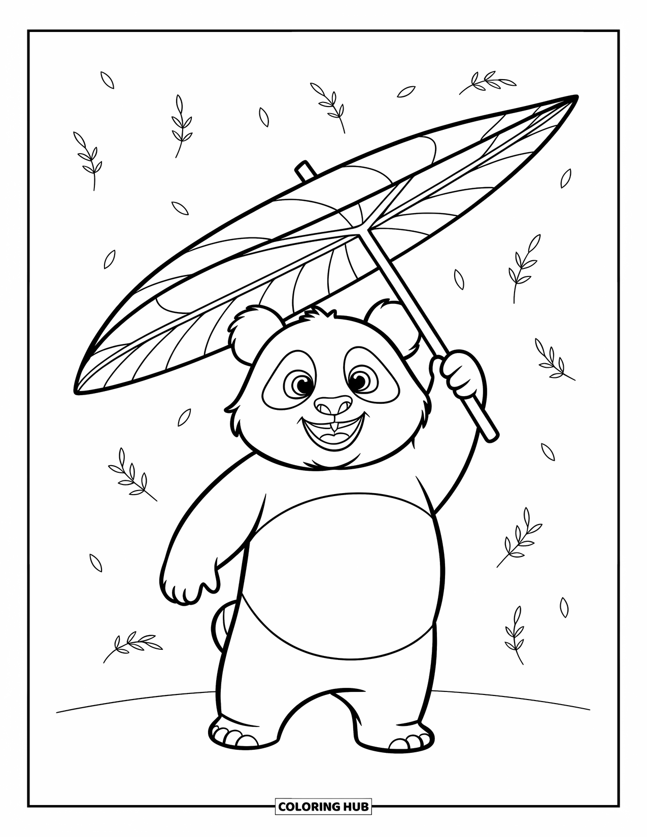 Panda Kleurplaat voor Kinderen: Een kleine panda houdt vrolijk een gigantisch blad boven zijn hoofd als een paraplu