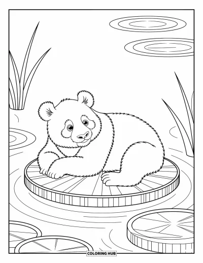 Panda-Ausmalbild für Kinder: Ein nachdenklicher Panda ruht auf einem Seerosenblatt, umgeben von sanften Wasserkreisen und feinem Schilf