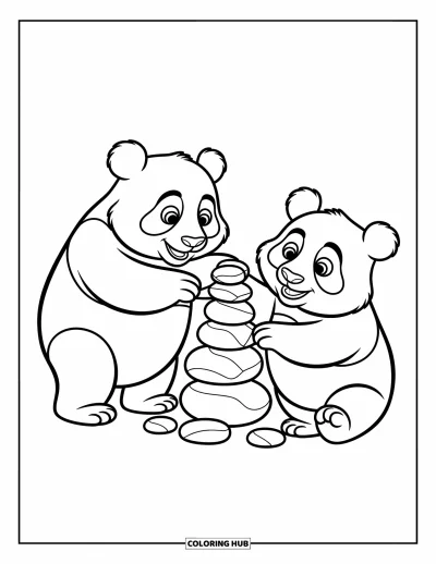 Panda-Ausmalbild für Kinder: Zwei Pandas bauen einen kleinen Steinturm, umgeben von Kieseln und fantasievollen Bambusblättern