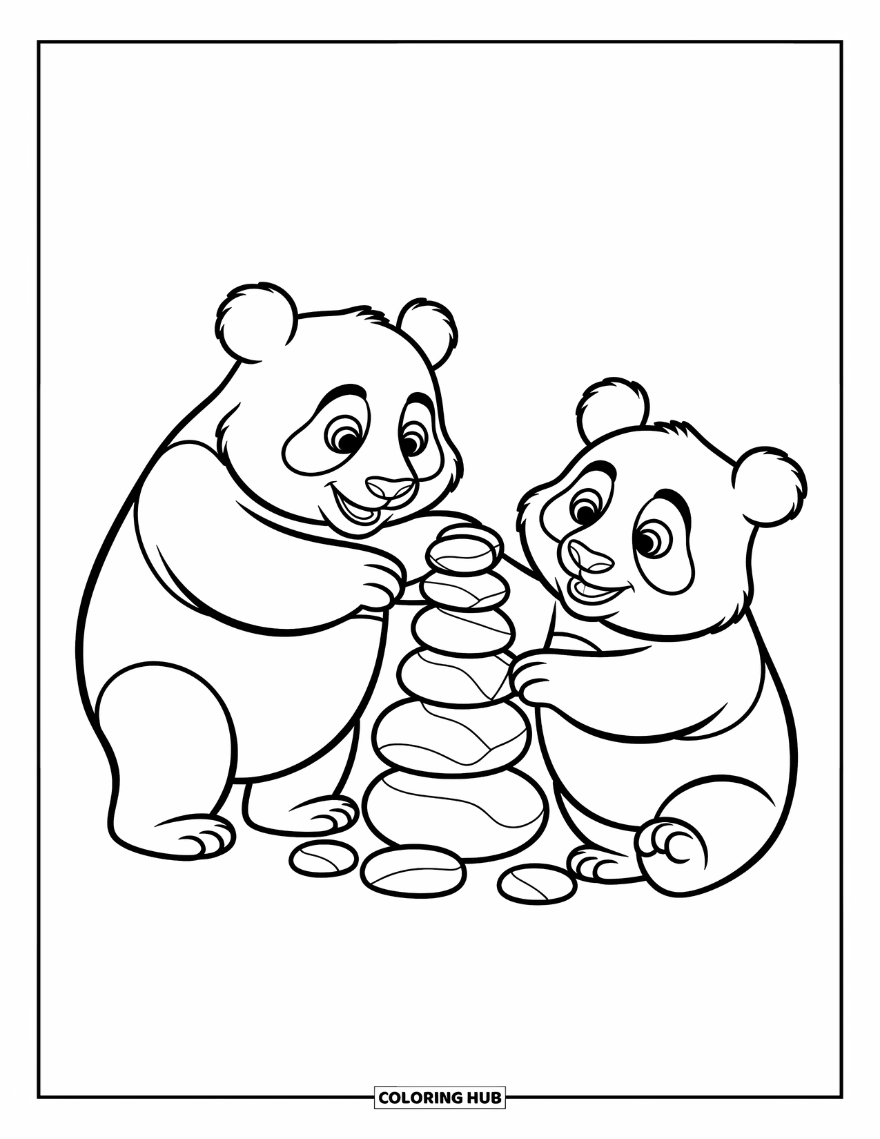 Panda Kleurplaat voor Kinderen: Twee panda's bouwen een kleine rotstoren, omringd door verspreide kiezels en grillige bamboebladeren