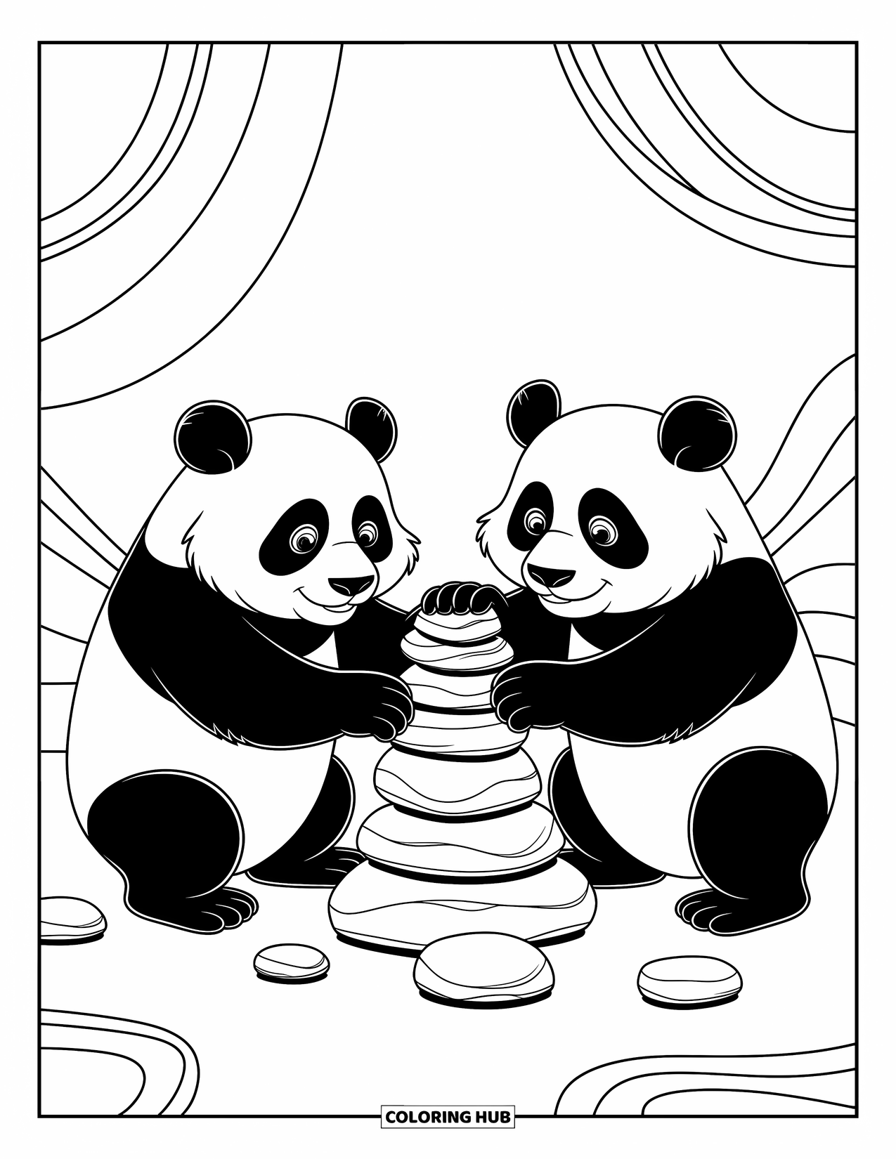 Panda Kleurplaat voor Kinderen: Twee panda's stapelen voorzichtig stenen op elkaar en werken samen om een kleine, evenwichtige toren te bouwen