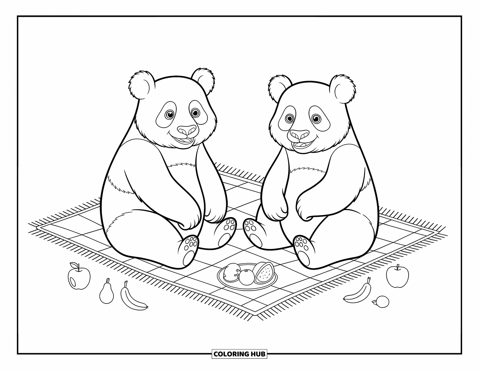 Panda Kleurplaat voor Kinderen: Twee panda's genieten van een picknick, hun speelse uitdrukkingen omringd door appels en bessen