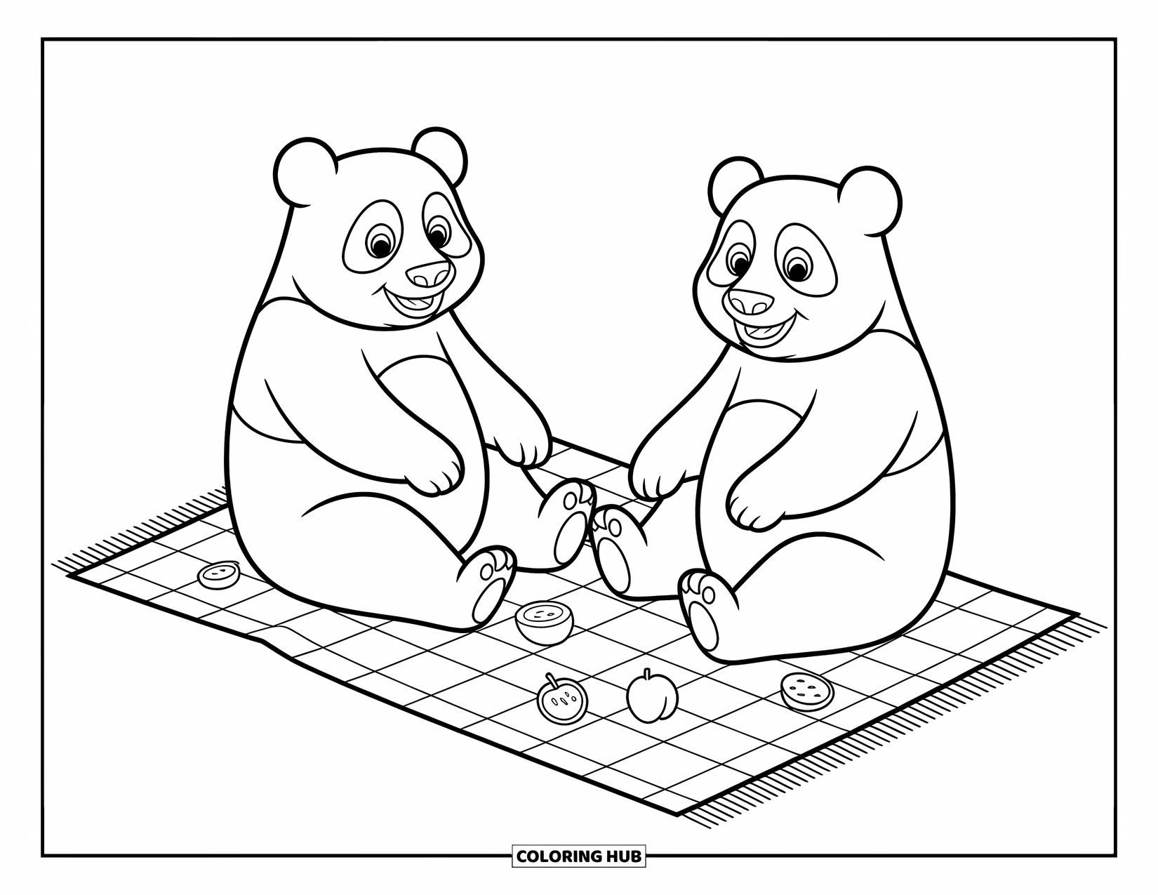 Panda Kleurplaat voor Kinderen: Twee panda's zitten op een picknickkleed, omringd door verspreid fruit in een charmante scène