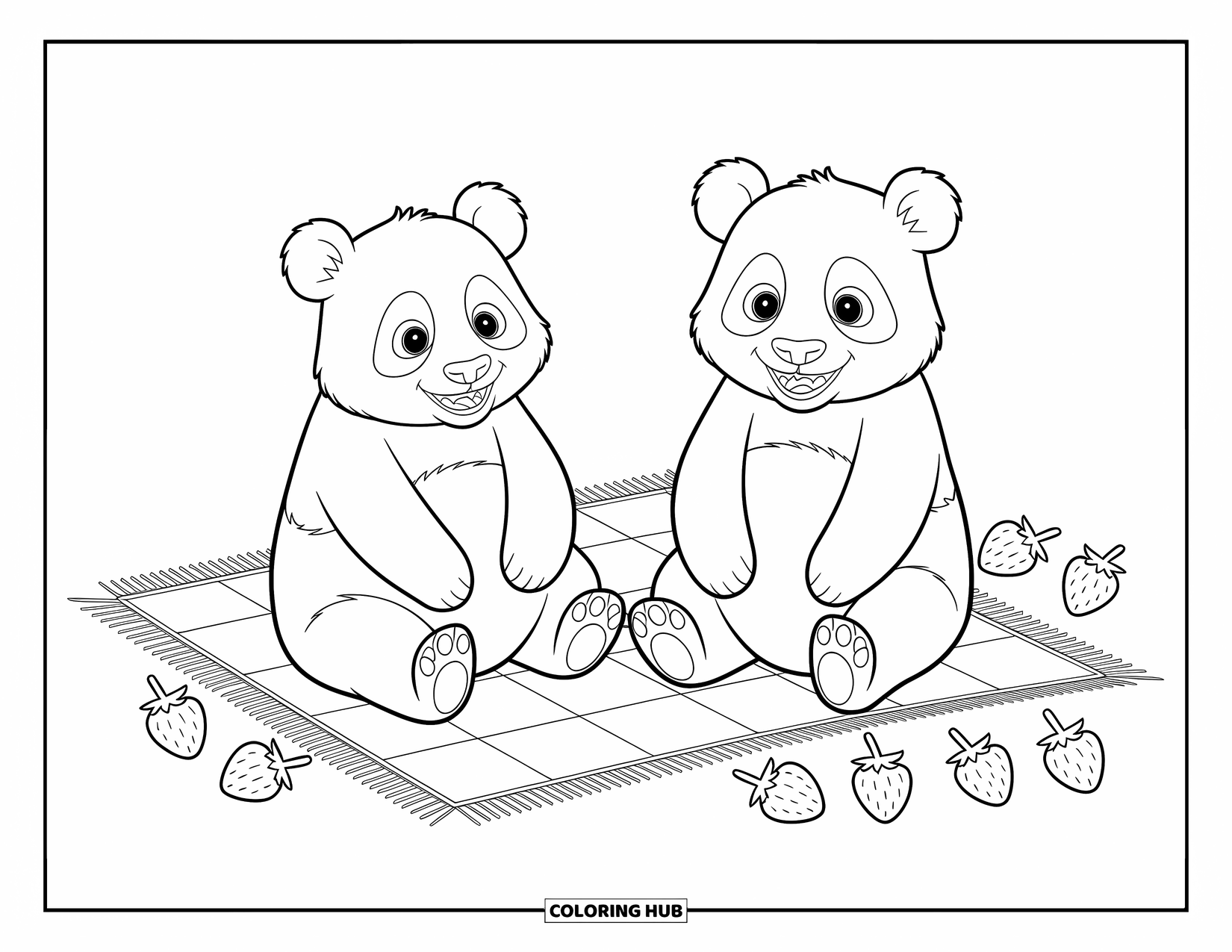 Panda Kleurplaat voor Kinderen: Twee panda's zitten samen op een deken en onderzoeken nieuwsgierig een assortiment fruit