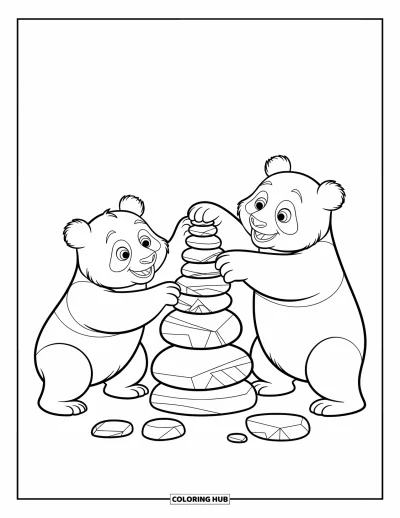 Panda-Ausmalbild für Kinder: Zwei Pandas stapeln mit spielerischer Konzentration Steine und schaffen eine ruhige, bezaubernde Szene