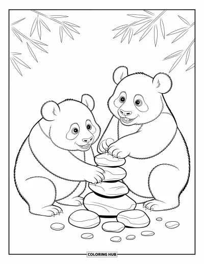 Panda-Ausmalbild für Kinder: Zwei verspielte Pandas konzentrieren sich aufs Steinstapeln, ihre Gesichter zeigen Teamgeist und Entschlossenheit