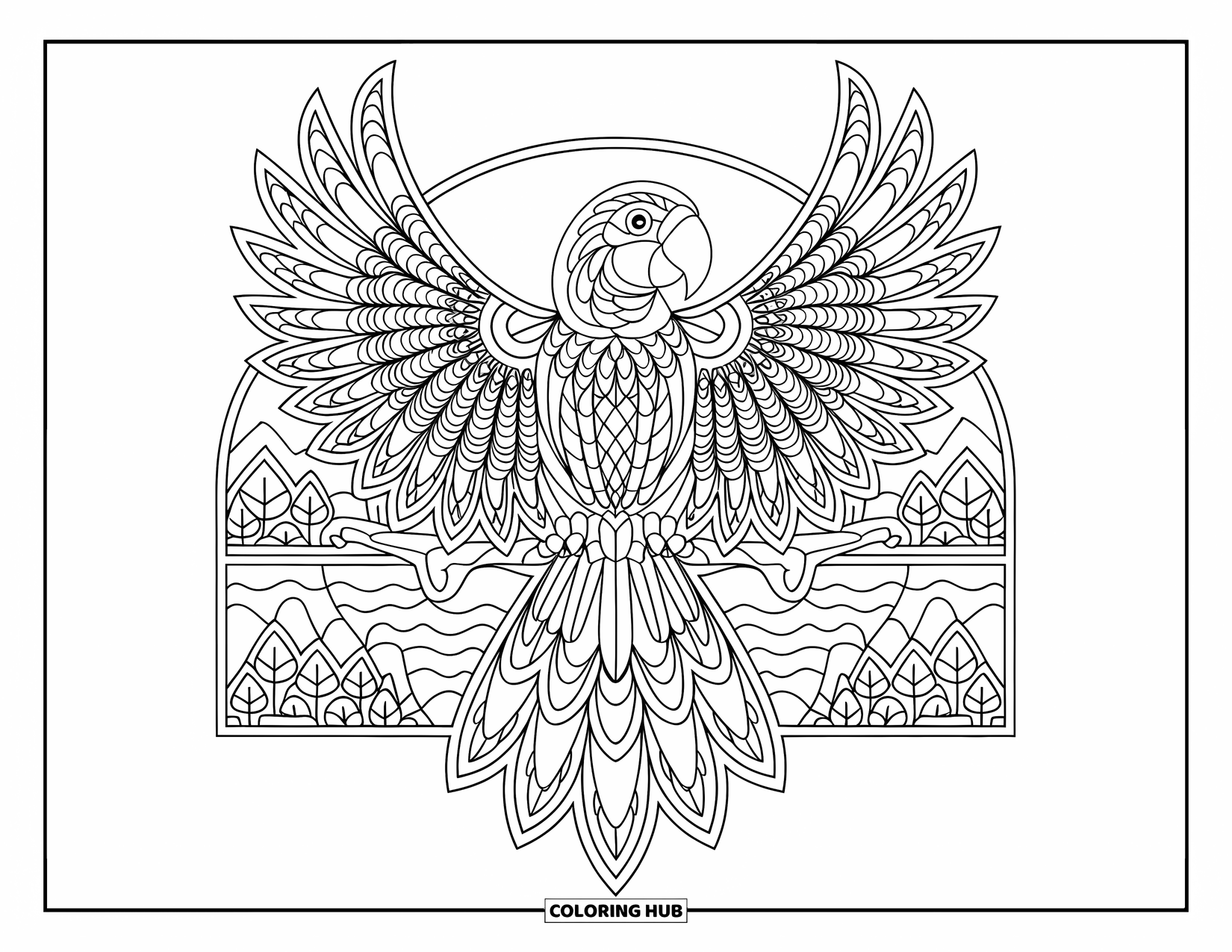 Disegno di un pappagallo da colorare per adulti: Un pappagallo mandala dettagliato si appollaia su un ramo con montagne sullo sfondo