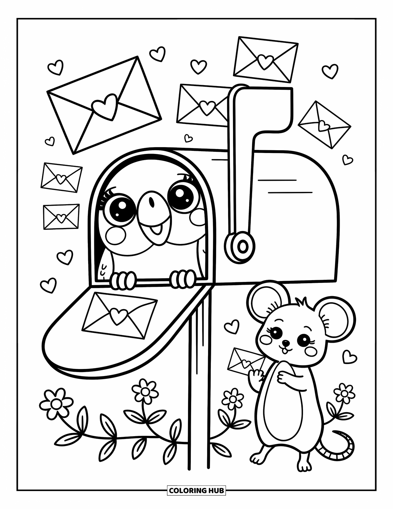 Disegno di un pappagallo per adulti: Un pappagallo sbircia da una cassetta postale mentre un topolino offre una minuscola lettera
