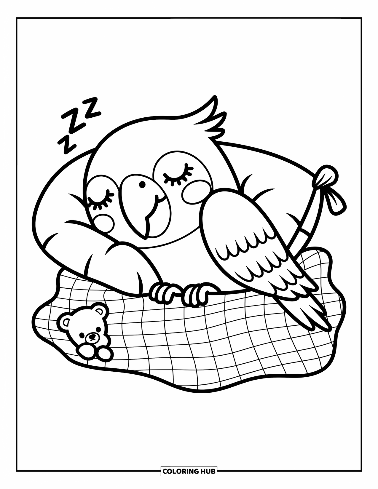 Disegno di un pappagallo per adulti: Un pappagallo assonnato si rannicchia sotto una calda coperta con un orsacchiotto