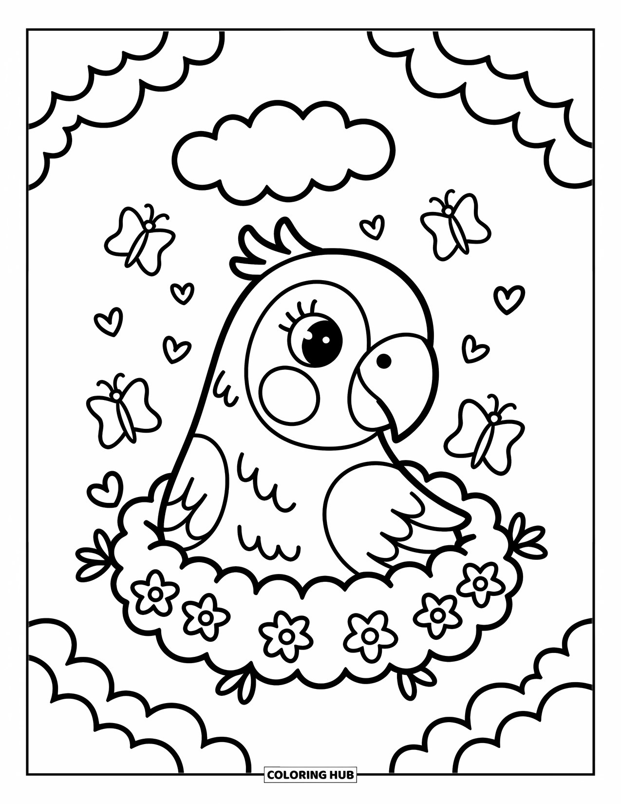Disegno di un pappagallo per adulti: Un dolce pappagallo si annida all'interno di un soffice nido di nuvole, circondato da fiori