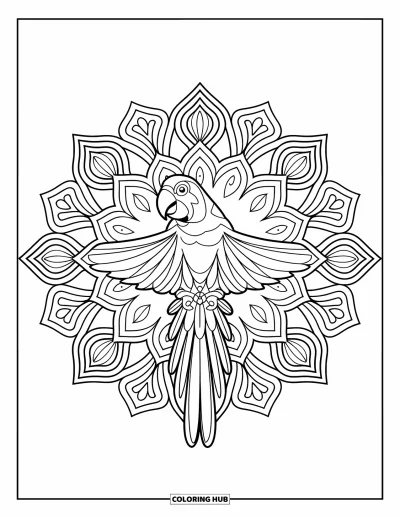 Papagáj kifestő felnőtteknek: Szimmetrikus mandala papagájjal a közepén, virágos díszítéssel körülvéve
