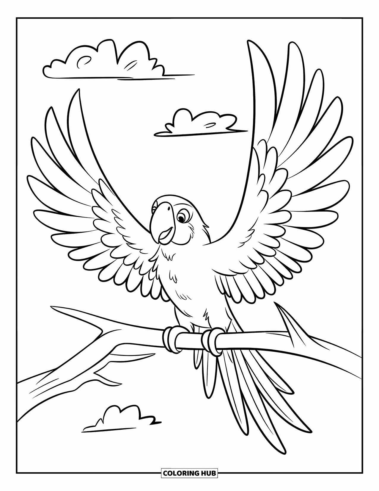 Disegno di un pappagallo per bambini: Un pappagallo si appollaia su un ramo, aprendo le ali contro un cielo nuvoloso
