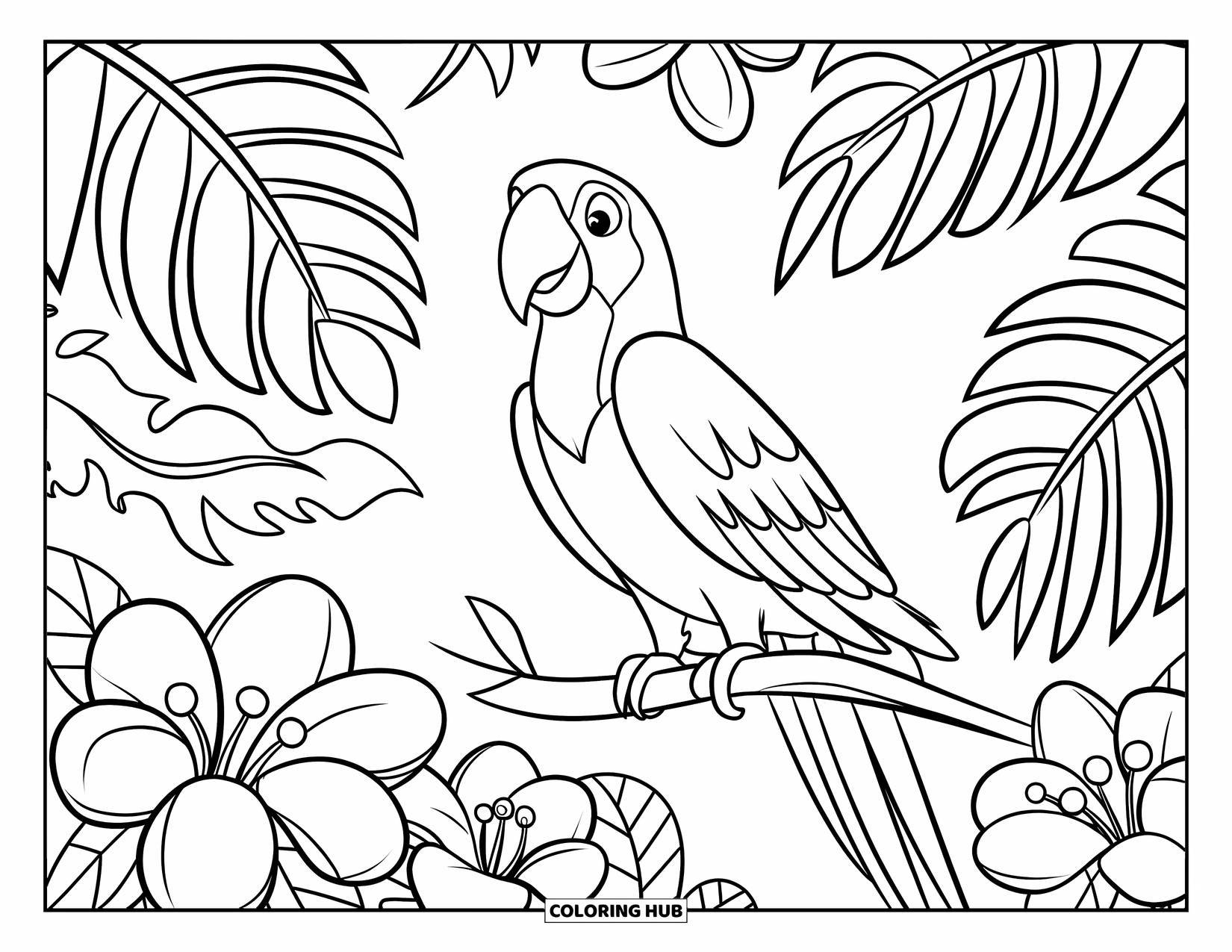 Disegno di un pappagallo per bambini: Un pappagallo riposa tra grandi foglie di palma e fiori tropicali a motivi