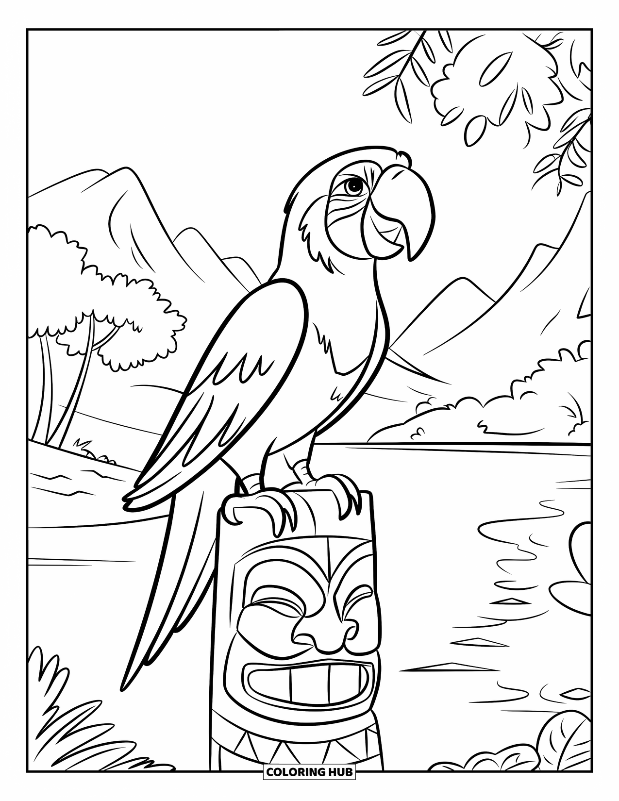 Disegno di un pappagallo per bambini: Un pappagallo è orgogliosamente in cima a una statua tiki in un ambiente tropicale