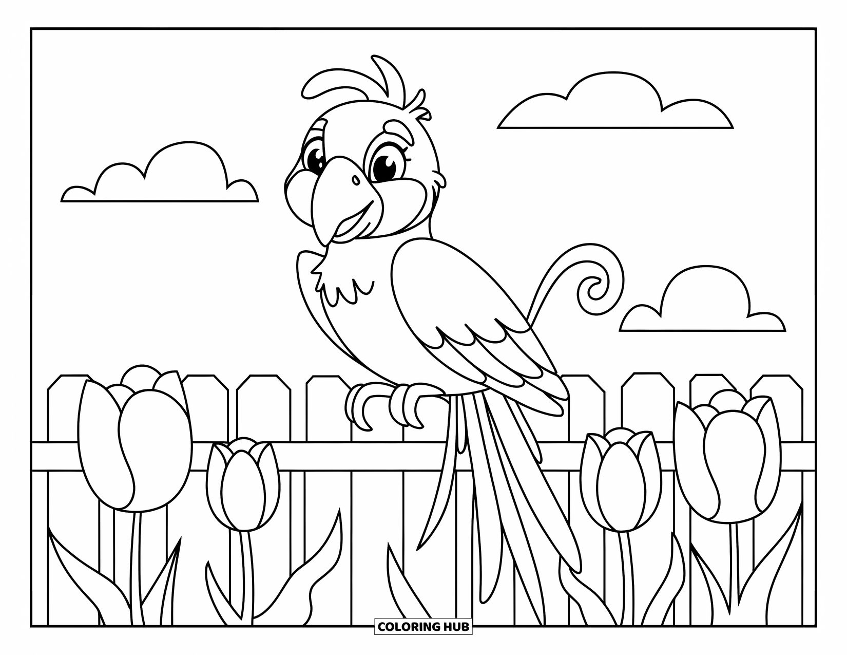 Disegno di un pappagallo per bambini: Un pappagallo con un becco arancione è seduto su una recinzione vicino a tulipani in fiore