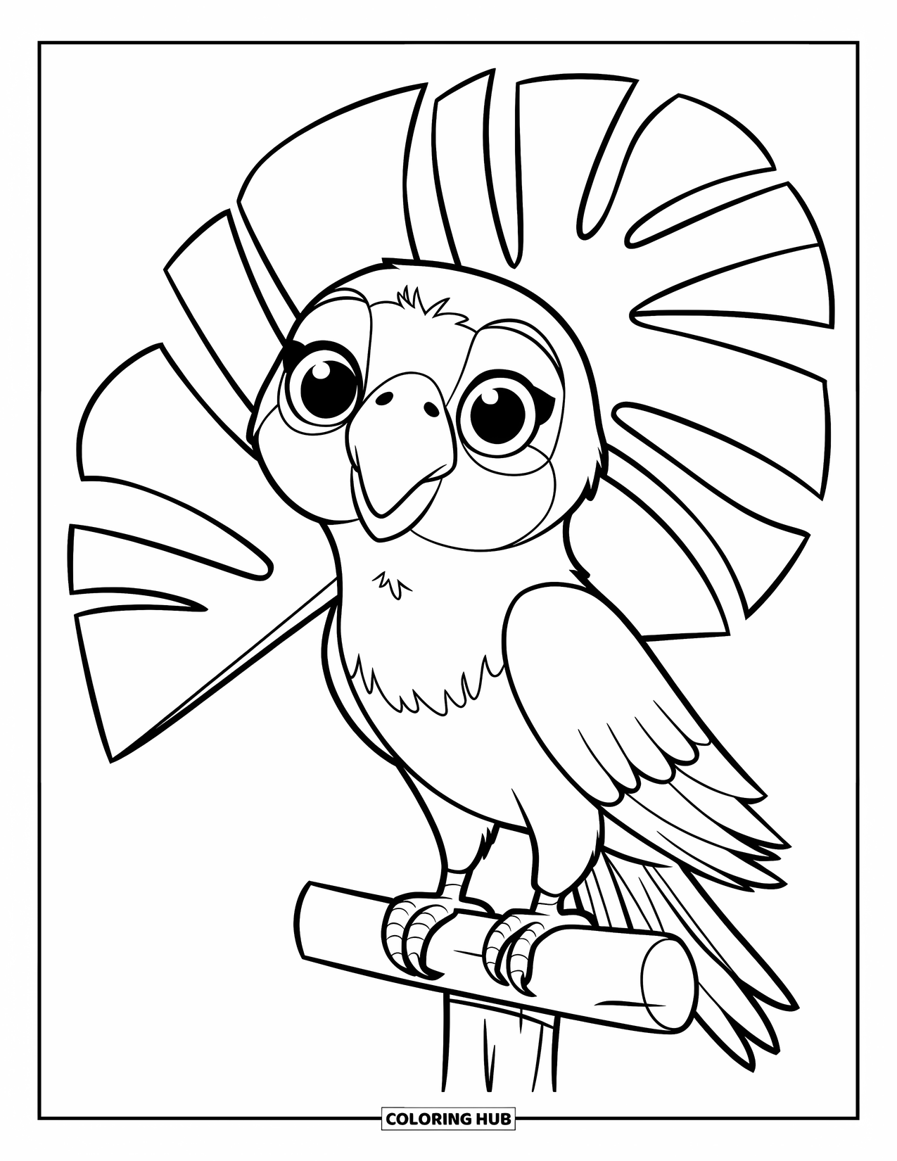 Disegno di un pappagallo per bambini: Un pappagallo con grandi occhi si appollaia su un bastone, incorniciato da una foglia tropicale