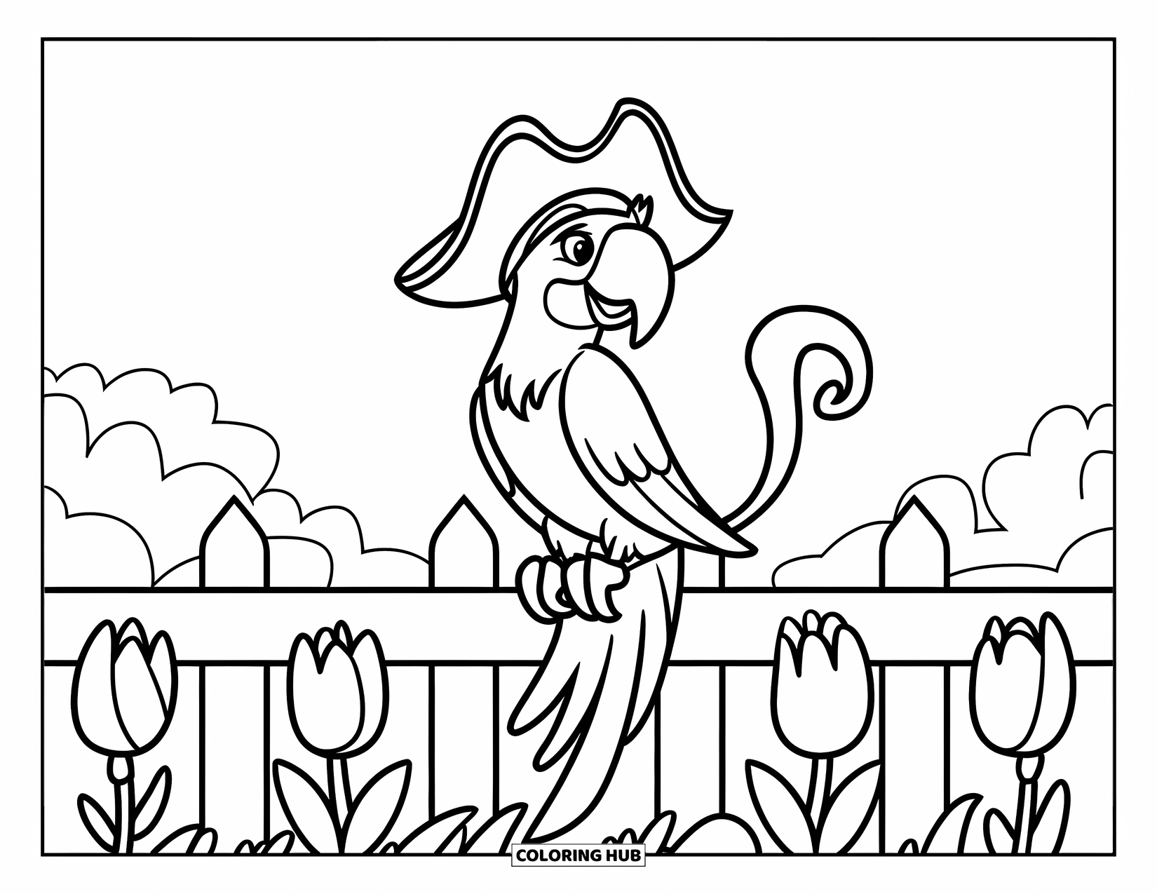 Disegno di un pappagallo per bambini: Un pappagallo pirata con una coda ricurva è seduto su una recinzione circondato da tulipani