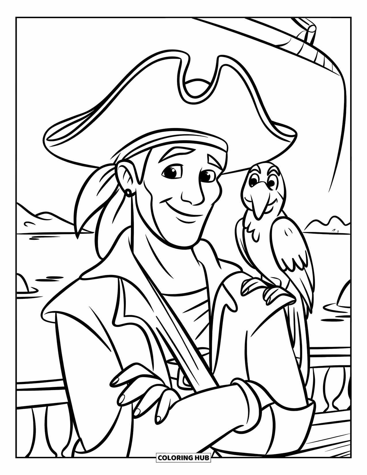Disegno di un pappagallo per bambini: Un pirata con un pappagallo è in piedi su una nave, guardando il mare calmo