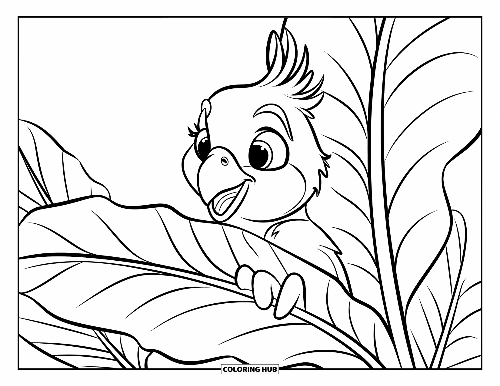 Disegno di un pappagallo per bambini: Un pappagallo giocherellone fa capolino da dietro una grande foglia tropicale