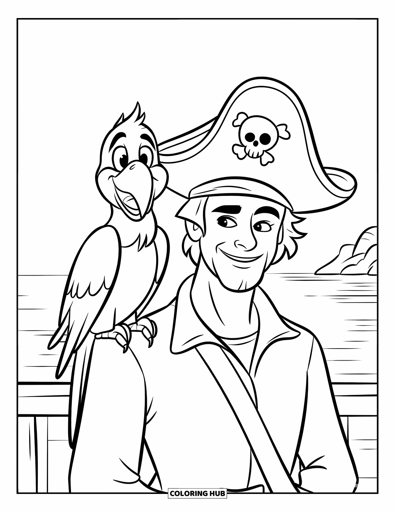 Disegno di un pappagallo per bambini: Un pappagallo sorridente è seduto sulla spalla di un pirata sul ponte di una nave di legno