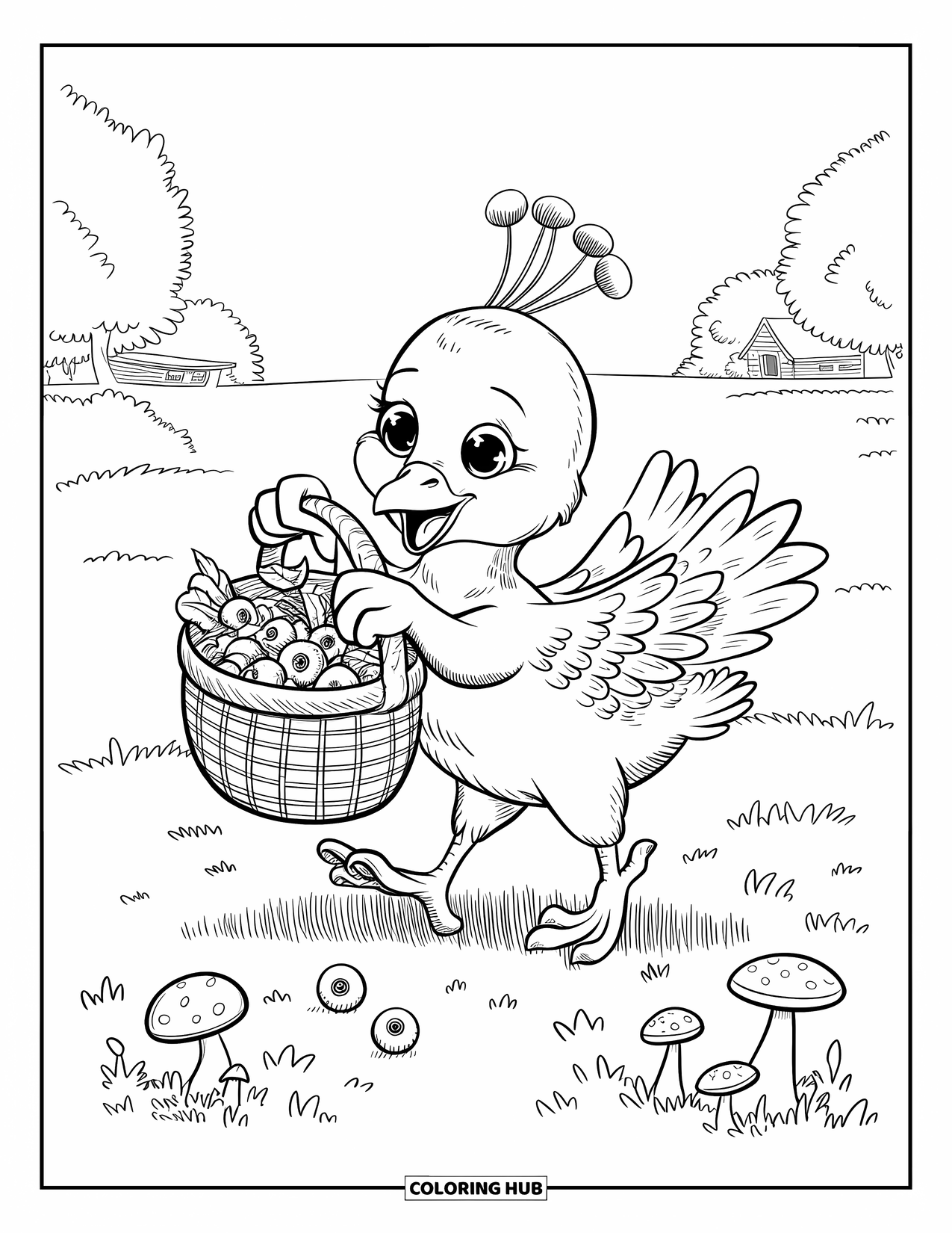 Peacock Coloring Page for Adults: A happy peacock carries berries in a basket, some falling out