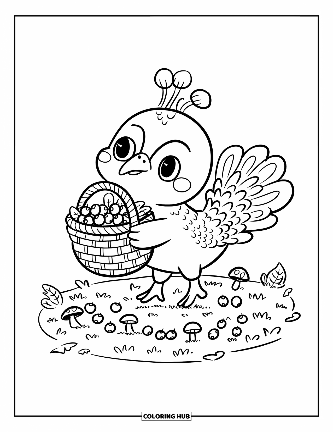 Peacock Coloring Page for Adults: A peacock carries a basket of berries, a few tumbling to the ground
