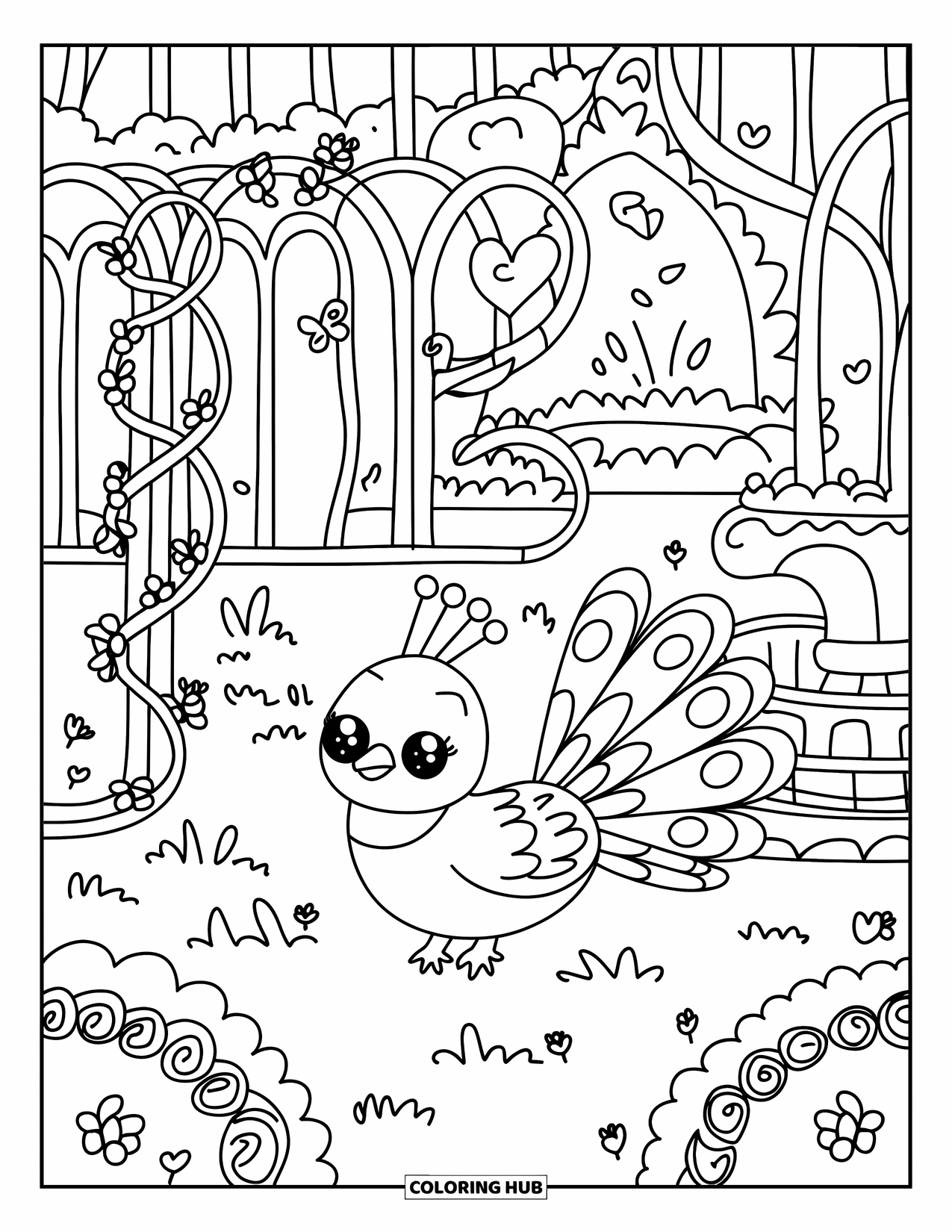 Peacock Coloring Page for Adults: A peacock explores a garden filled with vines, butterflies, and a fountain
